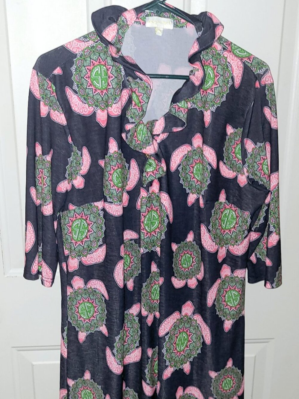 Simply Southern Sea Turtle Mandala Ruffle Neck Dress Pink Green Navy  XXL